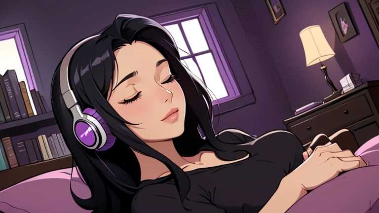 Beautiful woman in her 30s with black hair is sitting on the bed with her eyes closed. and wearing headphones listening to music. Looking up, eyes closed, LOFI girl, alone in the room, V-neck blouse, cozy wallpaper, big cushion, bookshelf, relaxing mood, night core, cozy, wide glass window with skyscrapers, outside view at night, only five fingers, dark room, purple wall,