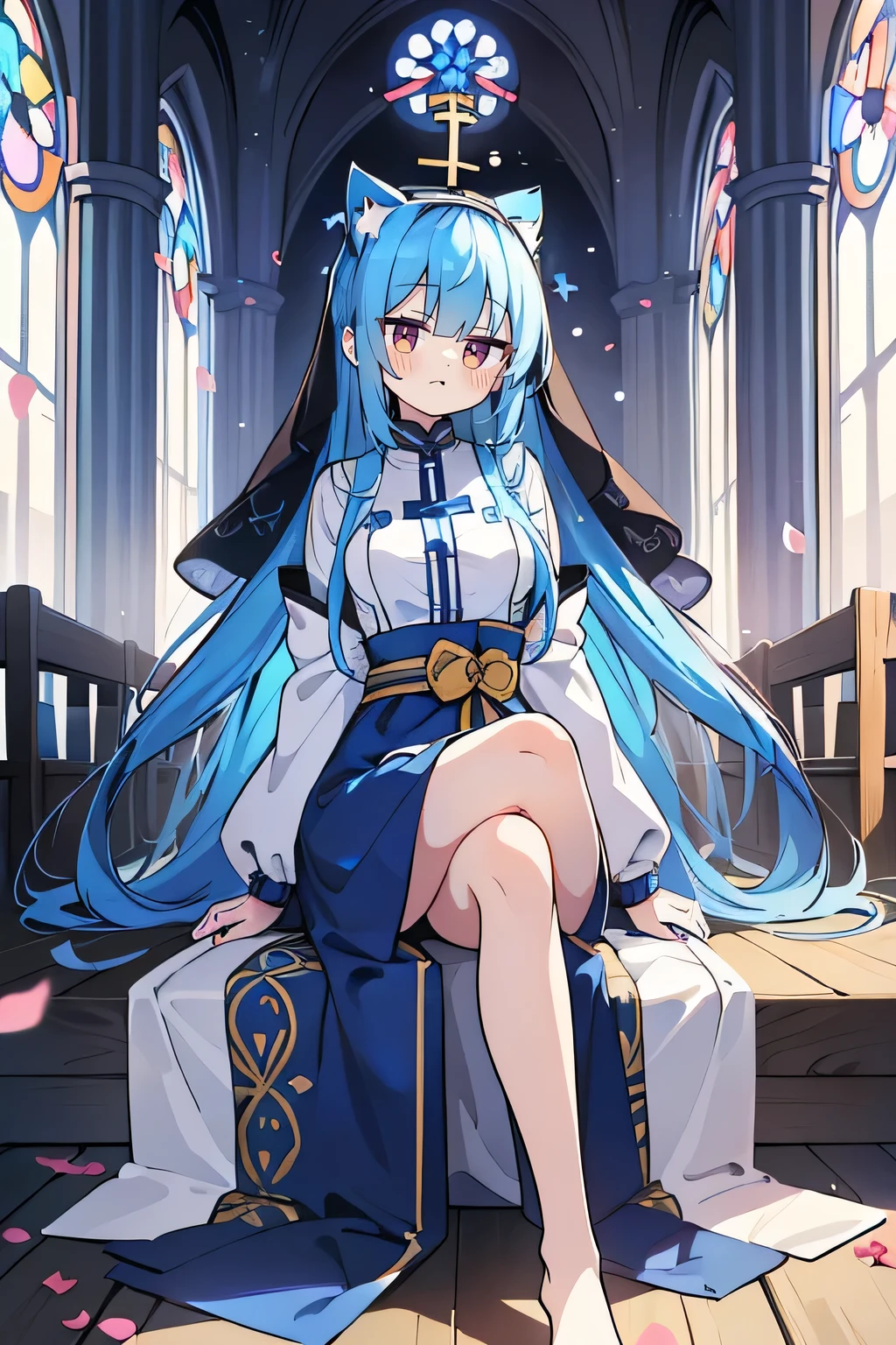 (masterpiece:1.2),Extremely detailed,Practical,expressive eyes,Fair skin,Perfect face shaping,1 Girl,
Japanese cartoons,Gorgeous blue hair, the long flowing blue hair,Floating clothes,Cat ears,Petals fall,beautiful lola,Young Angel,
Place your hands on your waist,sit elegantly on the ground,Cross your legs,Gentle and peaceful background,church,Nun&#39;s Clothes,back view,lie on the water,Large Breasts, H Cup, Good breasts, Place your hands on your waist,beautiful, Gorgeous,Japanese cartoons,girl,Lola,Hina Angel, Blue Hair, Blue Haired,Tent breasts, tent box, tent chest, Floating clothes,Grab your waist, Grab your waist, Hands on Hips , hands on hips,sit, sit on ground, Legs on the ground. 