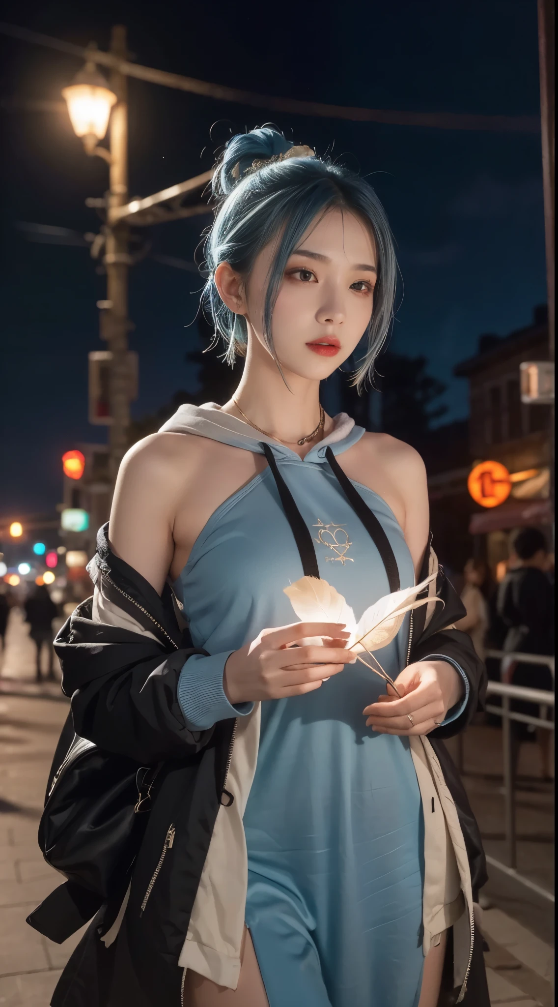 1 girl，hoodie，Blue Hair，Extra-long hair，Shoulder length short feather hair accessory，City，night，Lure，Ahog，8K，masterpiece，artwork，