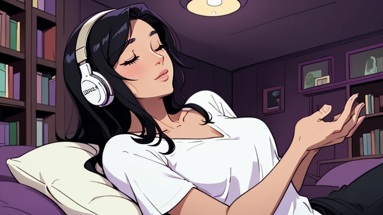 Beautiful woman in her 30s with black hair is sitting on the bed with her eyes closed. and wearing headphones listening to music. Looking up, eyes closed, LOFI girl, alone in the room, V-neck white blouse, cozy wallpaper, big cushion, bookshelf, relaxing mood, night core, cozy, wide glass window with skyscrapers, outside view at night, only five fingers, dark room, purple wall,