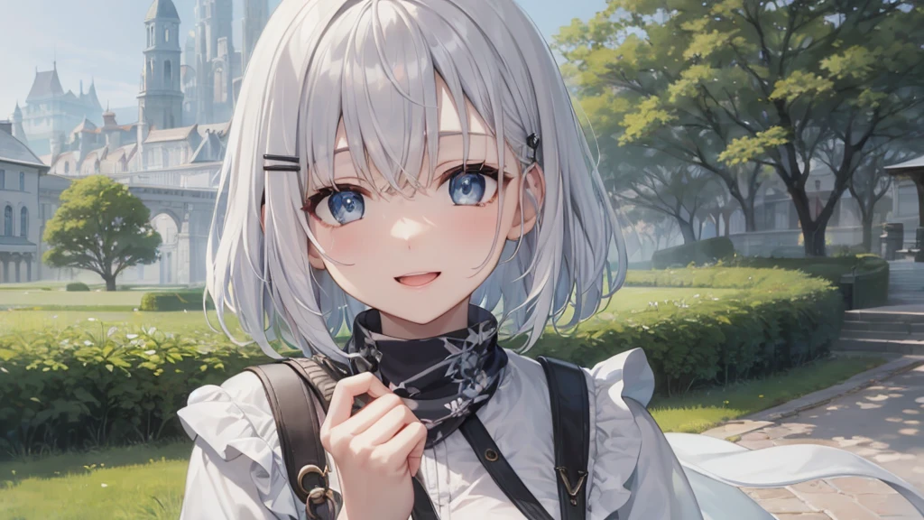 Her eyes were shining、Mysterious and enchanting atmosphere。With AI Painting、とてもShort Hair, Long bangs between the eyes, Grey Eyes , Very detailed,(masterpiece、highest quality)、alone、Gray Hair、Fantasy, Silver Hair, Beautiful Eyes,Ecstasy, charm, attract the audience, Fantasyな風景、White shirt、smile、Open your mouth、Scarf、short hair、Short Hair、hairpin、Dark Eyes