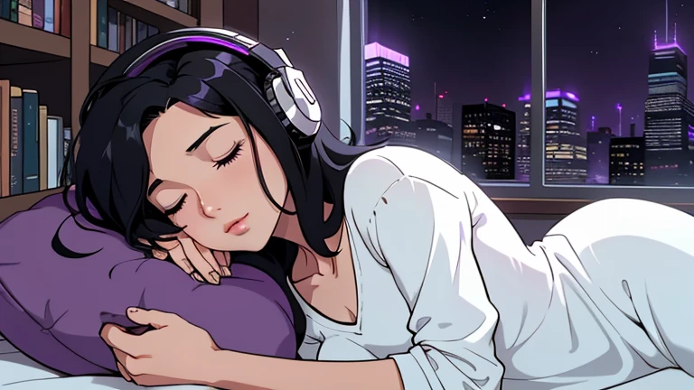 Beautiful woman in her 30s with black hair is sitting on the bed with her eyes closed. and wearing headphones listening to music. Looking down, eyes closed, LOFI girl, alone in the room, V-neck white blouse, cozy wallpaper, big cushion, bookshelf, relaxing mood, night core, cozy, wide glass window with skyscrapers, outside view at night, only five fingers, dark room, purple wall,