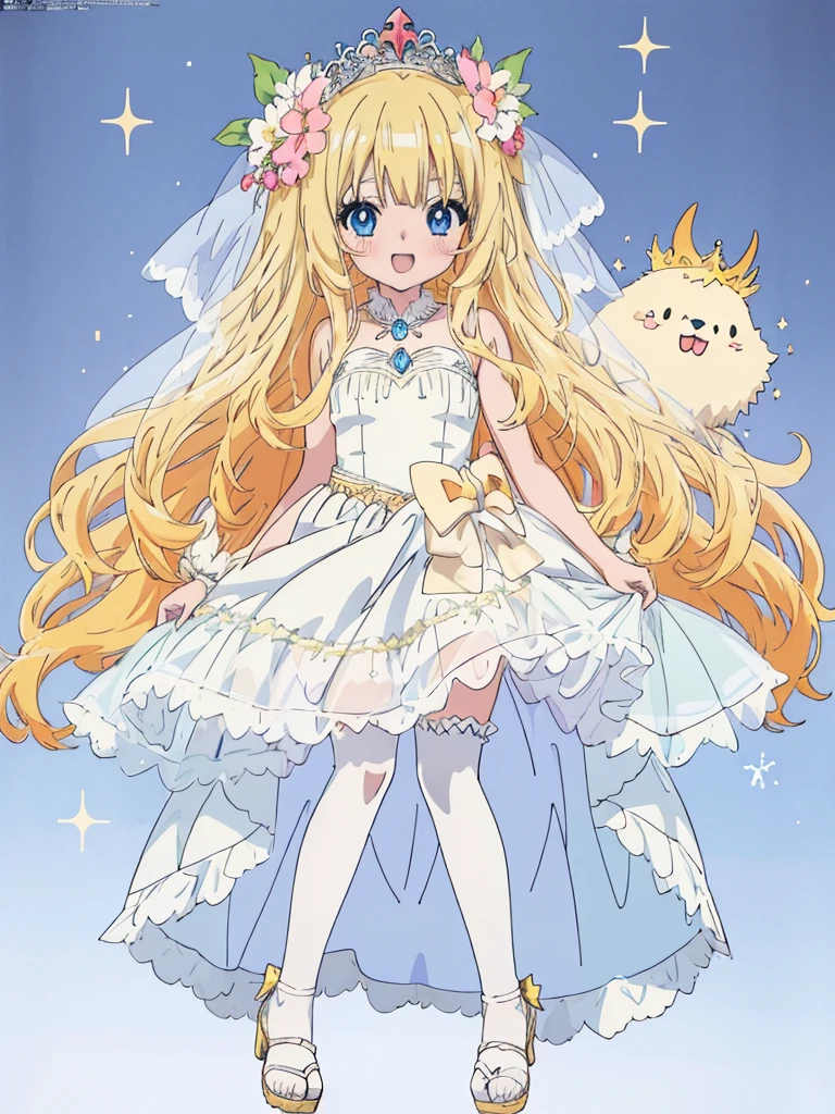 (Anime:1.8), megami magazine, (masterpiece, top quality:1.4), Not Safe for Work, detailed skin, detailed face, 1girl, idol, cute face, , -yoblue eyes, droopy eyes, big eyes:1.5, laughing, red blush, (blonde-yellow hair), long hair, (shiny wavy hair), white wedding gown swimsuit, see through sarong, knee-highs, high heels, tiara, Bride Veil, cute, babyinkle in the eye, full body, simple background,