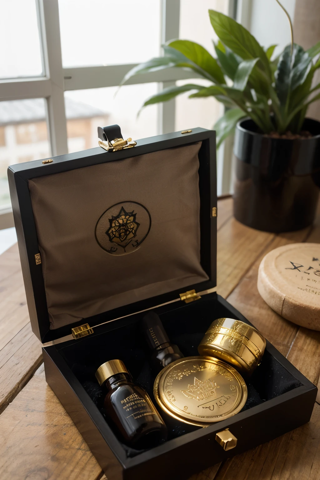 A black and gold-stamped aromatherapy essential oil box，There is a special gold stamping pattern on the front of the box，Can match various diamond decorations，Diamond decoration attached to a 98mm cylindrical black glass bottle，The front has fragrance diffuser written on it.。