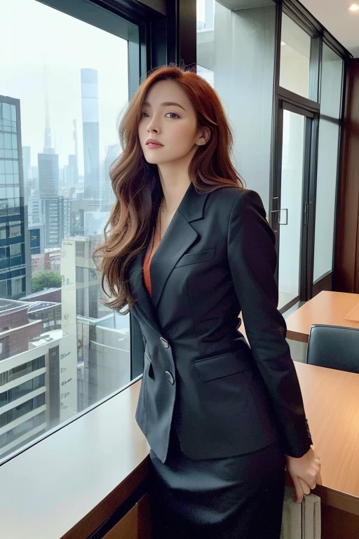 ((Best quality, high resolution: 1.3)), A 40-year-old woman, elegant and poised, standing boldly on the 30th floor of a modern office building, boasts an enchanting view of the city skyline, filled with other impressive office structures, ((Photorealistic masterpiece, top-quality: 1.3)), her professional attire accentuating her confidence and sophistication. With a seductive, knowing smile, she leans against the windowpane, her auburn hair cascading in loose, luscious waves, framing her perfectly defined jawline and luxurious lips. Her eyes, twinkling with intelligence and experience