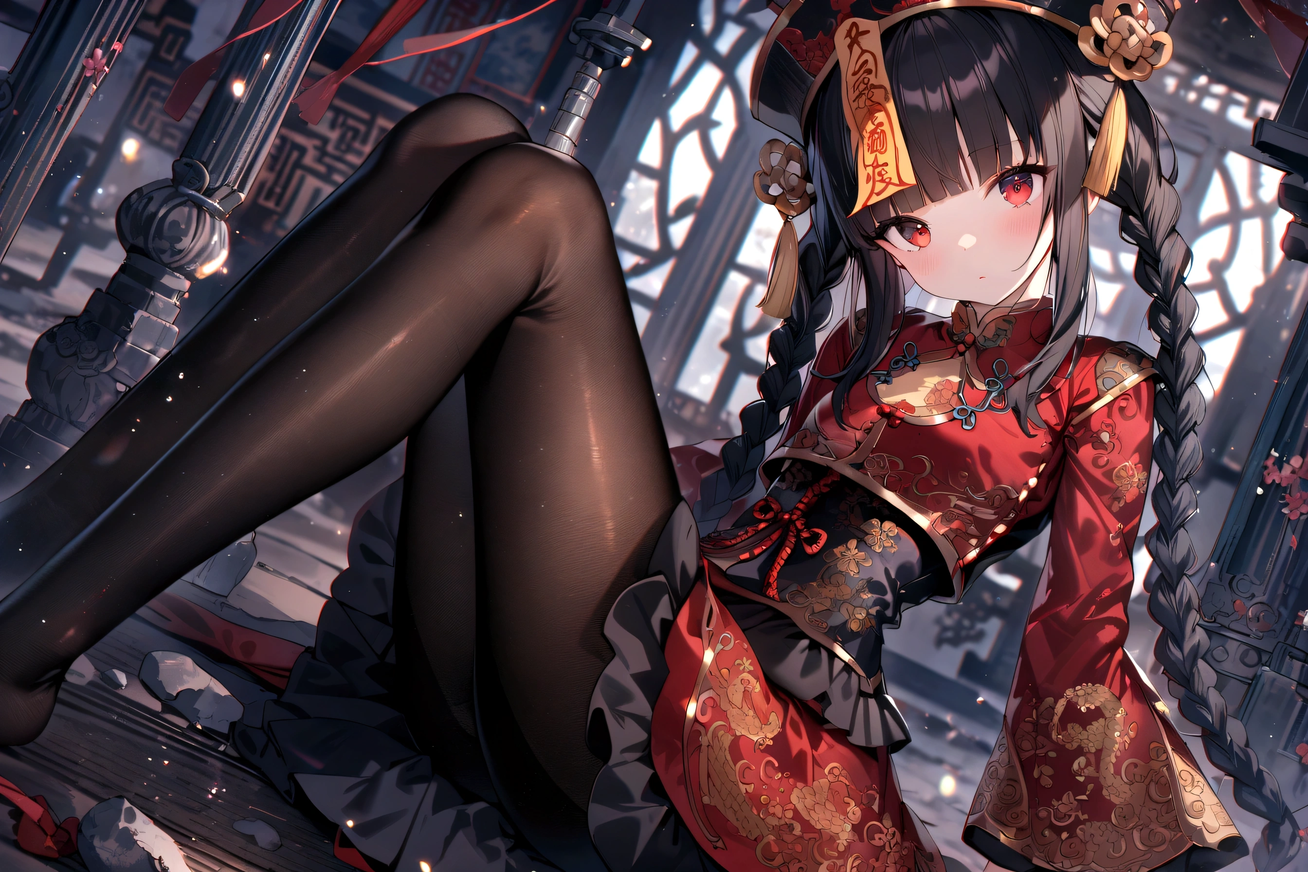 ultra-detailed illustration of a jiangshi girl, solo, black twin braids, blunt bangs, red eyes, tsurime, qingdai guanmao with ofuda, chinese clothes, detailed red and black gothic dress with golden embroidery, flared frilled sleeve, black tights, pantyhose, focus on legs, sitting on the stone floor. indoor, chinese temple, ruins, window, dutch angle, depth of field, chromatic aberration, light particles, masterpiece, best quality, beautiful illustration, very aesthetic art, looking at viewer