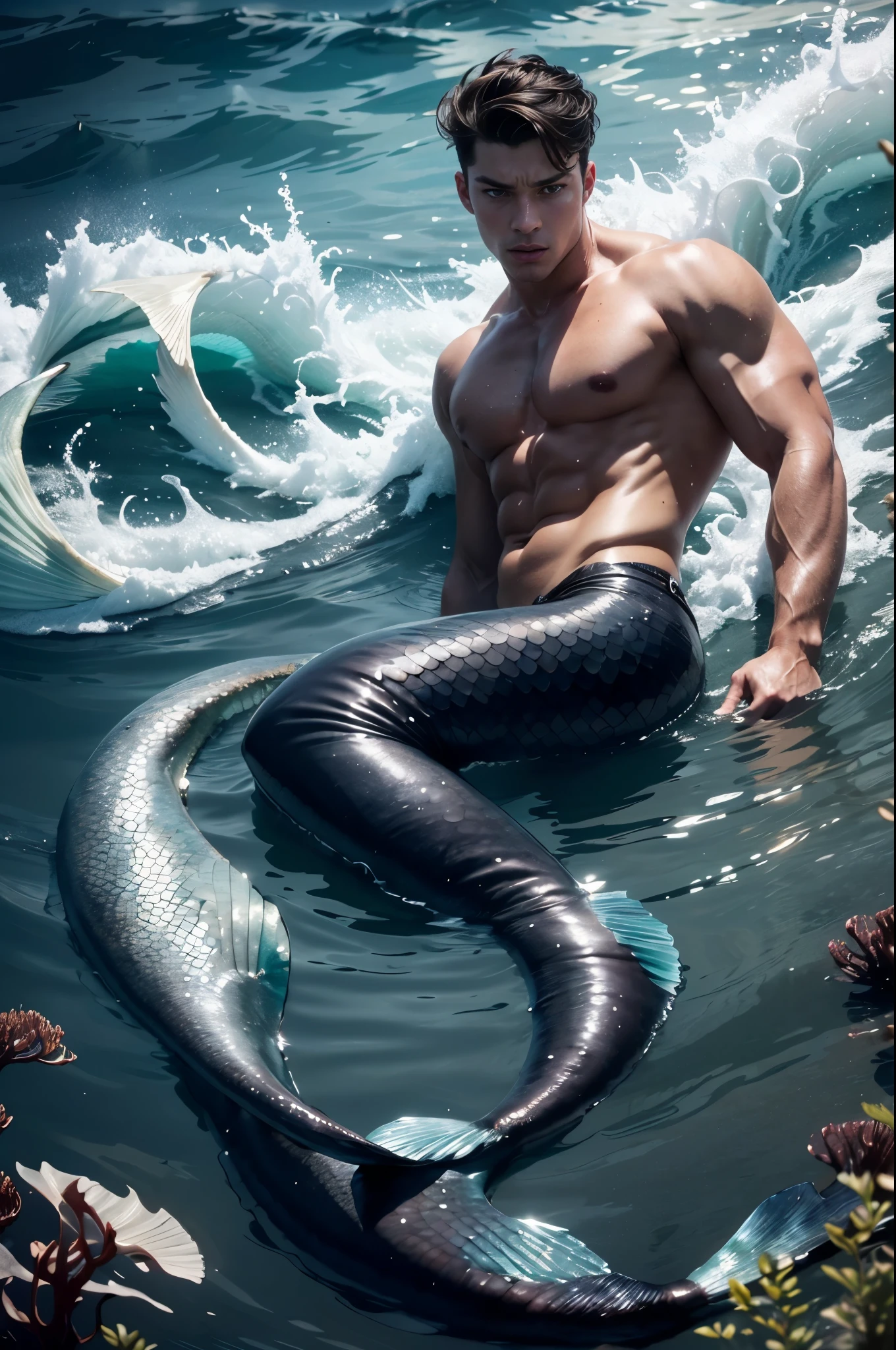 Photo-realistic, ((best quality)), ((masterpiece)), (detailed), merman, perfect human face, short hair, handsome young male model dressed as a mermaid, 18-year-old, super male model, handsome, amazing mermaid tail, tall, cute, evil looking, dark look powerful, young male model, handsome, super strong, muscular, fit, massive muscles, six pack, clean shave, blue eyes, pale skin, (wavy short messy brown hair:1.2), short messy hair, messy wavy hair, (mermaid:1.3), (merman:1.3), shirtless, bare-chested, muscle, ripped, strong body, fit body, under the water, night ocean fog, haunted ocean, horror sea, evil sea background, dark waters, 8k, high detailed, ultra-detailed, Stylish Pose, real skin texture, dramatic cinematic lighting, (HORROR:1.5), night, night time, dark, full moon
