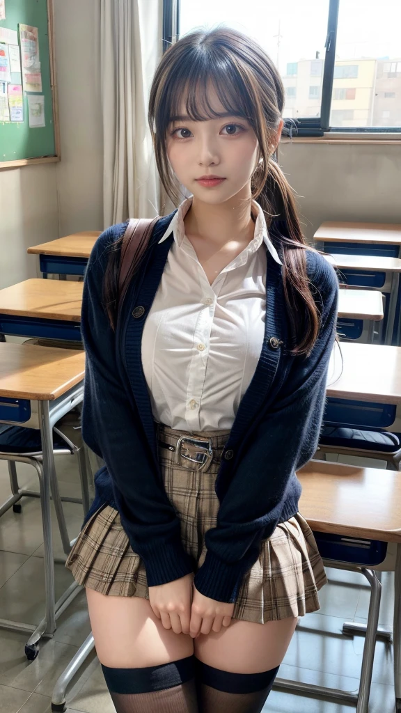 masterpiece, best quality, illustration, Super detailed, fine details, High resolution, 8K,wall paper, perfect dynamic composition,(Details High quality, realistic depiction of eyes:1.3), High School Classroom、High school girl uniform、Cardigan、Super Short Check Uniform Skirt、Navy blue high socks、garterbelts、Colossal tits、Disturbed uniform、low ponytail, black hair color, Big Natural Color Lip, bold sexy pose, (perfect body shape), crying a little、 Harajuku style、20 year old girl、cute type, beautiful legs, hposing Gravure Idol