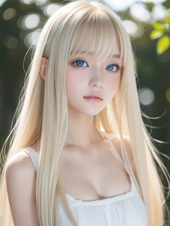 White shiny beautiful skin、Blonde hair color changing with light、Long bangs block the view、Highlights of cheek luster、Sexy and very beautiful nice cute gorgeous face、The most beautiful face in the world、Super Long Gorgeous Spare Blonde Hair、Smooth straight hair、Big, Shining light blue eyes、Beautiful bangs、Beautiful cute girl at 16 years old