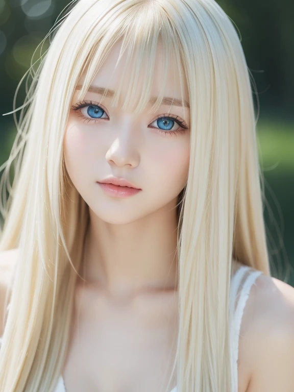 White shiny beautiful skin、Blonde hair color changing with light、Long bangs block the view、Highlights of cheek luster、Sexy and very beautiful nice cute gorgeous face、The most beautiful face in the world、Super Long Gorgeous Spare Blonde Hair、Smooth straight hair、Big, Shining light blue eyes、Beautiful bangs、Beautiful cute girl at 16 years old