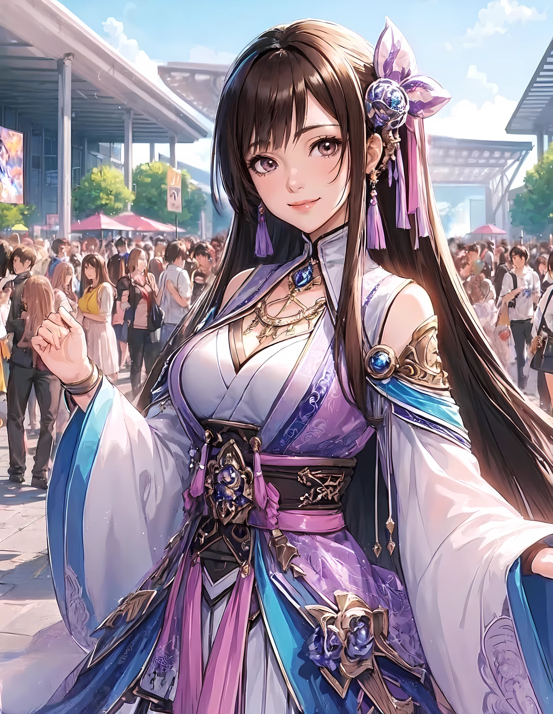 1lady standing, cosplayer, (fantasy anime costume) stylish, (mature female:0.9), /(brown hair/) bangs, kind smile, (masterpiece best quality:1.2) delicate illustration ultra-detailed, large breasts BREAK (anime-related event) outdoors, (outdoor venue), square, crowded, audience, noon, detailed background