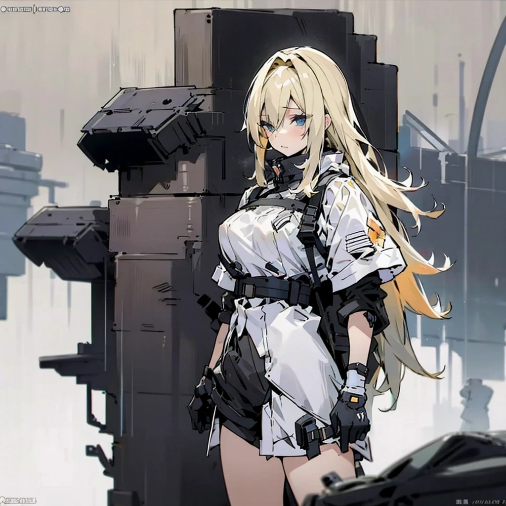 Group of girls one with blonde hair, second with gray hair, and the last third one have ivory hair are holding cyberpunk assault rifles near a military humvee in the wasteland