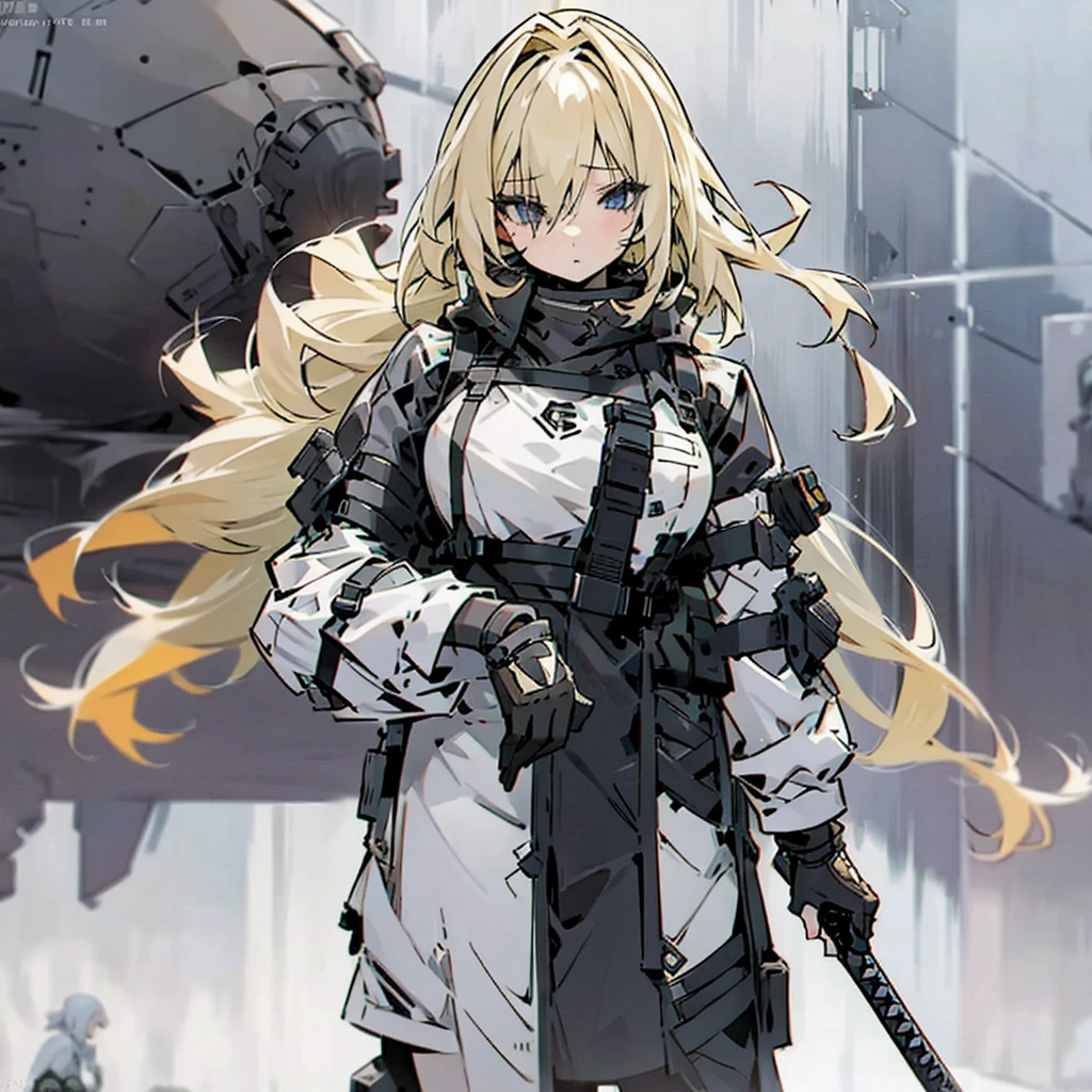 Group of  girls one with blonde hair, second with gray hair, and the last third one have ivory hair are holding cyberpunk assault rifles near a military humvee in the wasteland 