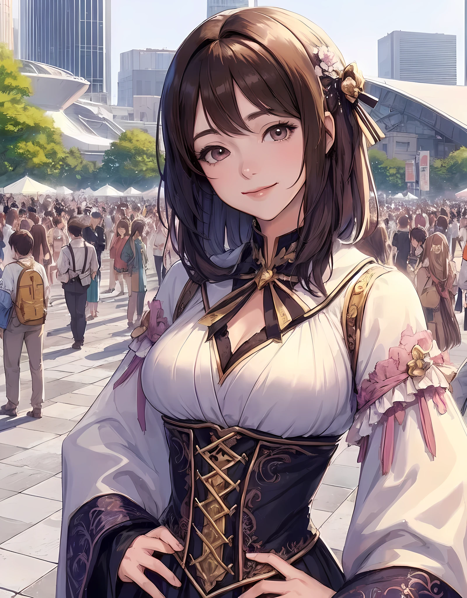 1lady standing, cosplayer, (fantasy anime costume) stylish, (mature female:0.9), /(brown hair/) bangs, kind smile, (masterpiece best quality:1.2) delicate illustration ultra-detailed, large breasts BREAK (anime-related event) outdoors, (outdoor venue), square, crowded, audience, noon, detailed background