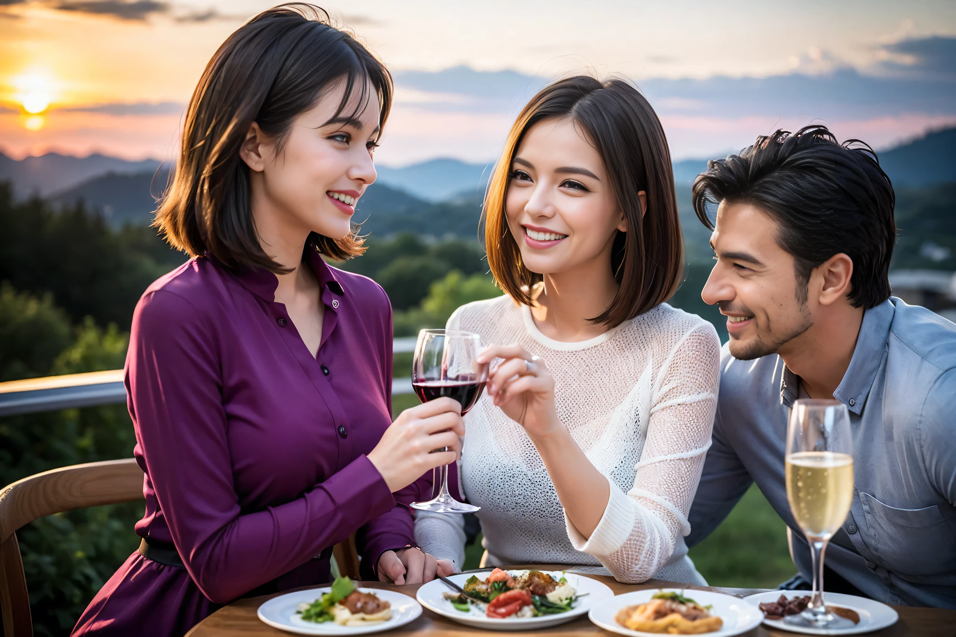 ((highest quality、8k、masterpiece:1.3))、1 male 1 female、Lovers、beautiful couple、Happy Smile、 (Slim face), (The body is スリム), (Brown Hair), (Shortcuts), ((Bob Hale、Straight hair:1.2)), Wine glass on the table、Please put light on my face、 Amazing view of the sunset sky and clouds、Amazing mountain views、The wonderfulness of smiles、Bright image、Blushing, Shortcuts,Bright Face、 (Age 35), 39 years old, red wine 、Appetizers、Italian food、Wine bottle、Champagne、sparkling wine、Long sleeve shirt、dress、Attractive beauty、restaurant, Nova Frog Style, actress, model, Upper Body, White wine, red wine, wine glass,