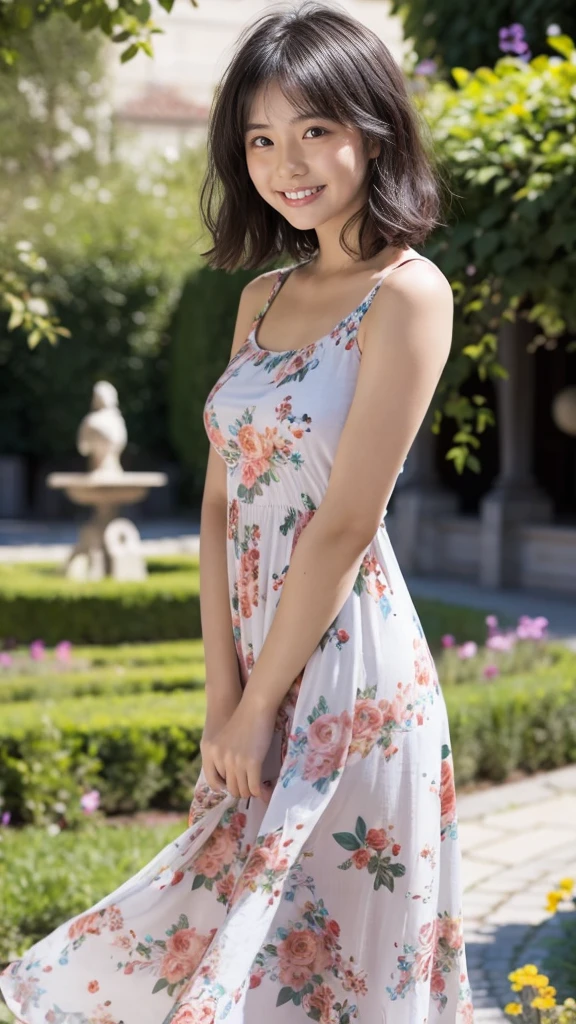 masterpiece, highest quality, disorganized, perfect anatomy, 1 girl, alone, pascal tales, short hair, beautiful, Hilarious, sunny day, botanical garden, Summer winds, sundress, Floral, wavy hair, smile