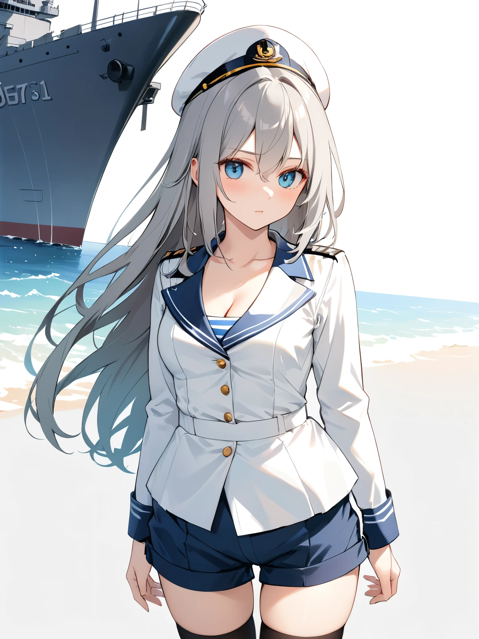 (((Best quality))),((Ultra-detailed)),((illustration)),((Disheveled hair)),((frilld)),(1 girl),(Solo),1girl,
1girl,
blue eyes,
breasts,
cleavage,
gradient,
gradient background,
long hair,
military,
shorts,
solo,
thighhighs,
lexington \(warship girls r\),
white headwear,
white military uniform,
white naval uniform,
legwear,
gray hair,