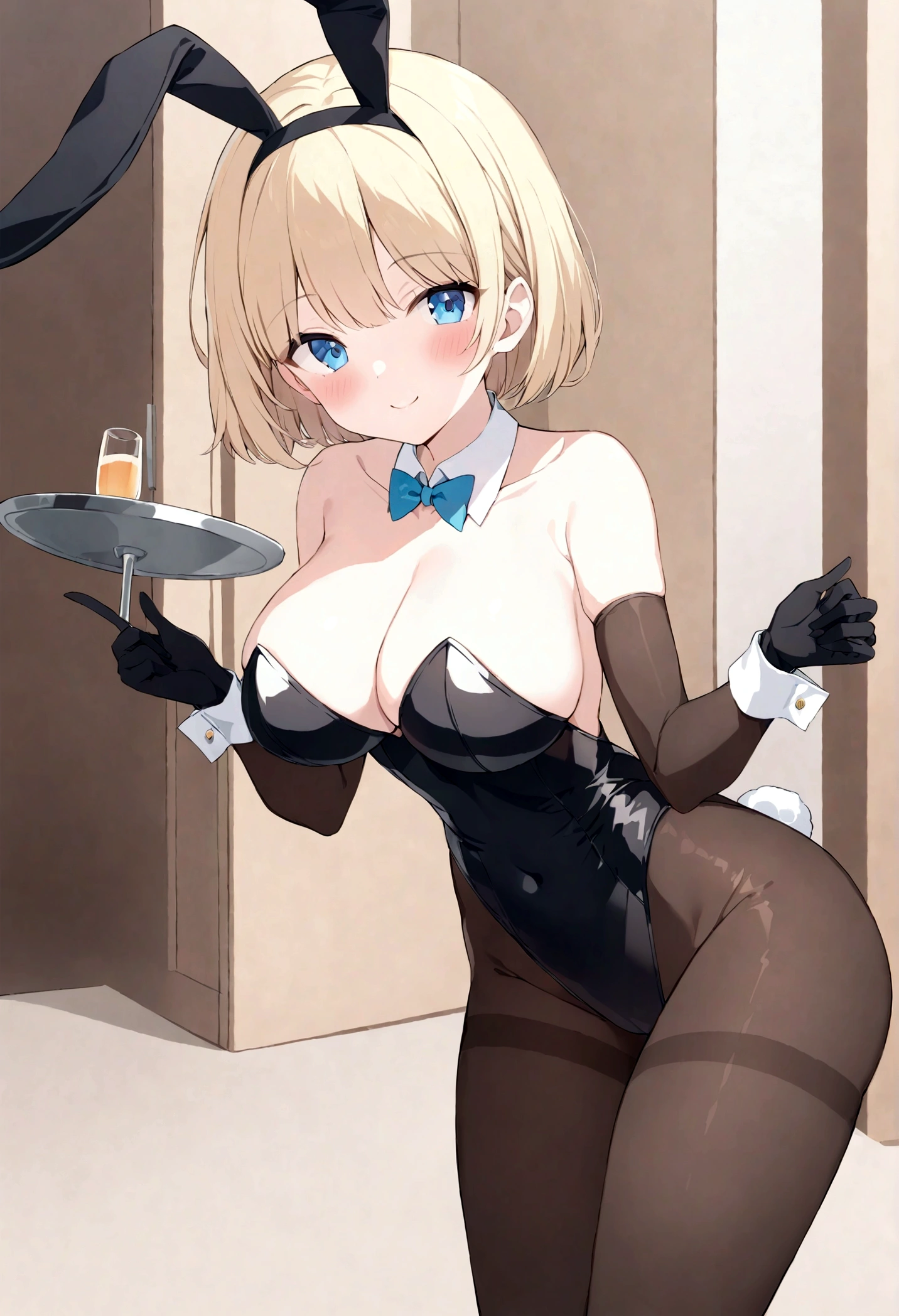 animal_ears, bunny_ears, bunnysuit, leotard, breasts, rating:safe, pantyhose, bunny_tail, gloves, bowtie, fake_animal_ears, black_gloves, blue_eyes, black_leotard, bow, tail, large_breasts, detached_collar, bare_shoulders, cleavage, strapless, fake_tail, wrist_cuffs, bunny_girl, strapless_leotard, blonde_hair, looking_at_viewer, brown_legwear, blush, 1girl, elbow_gloves, short_hair, detached_sleeves, bangs, collarbone, solo, indoors, eyebrows_visible_through_hair, highleg_leotard, hairband, thighs, closed_mouth, smile, long_hair, holding, covered_navel, black_legwear