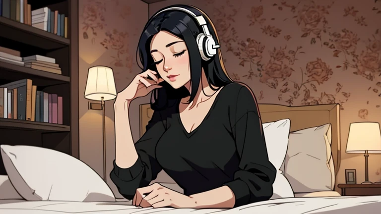 Beautiful woman in her 30s with black hair is sitting on the bed and wearing headphones listening to music. Looking down, eyes closed, LOFI girl, alone in the room, V-neck white blouse, cozy wallpaper, big cushion, bookshelf, relaxing mood, night core, cozy, wide glass window with skyscrapers, outside view at night, only five fingers,