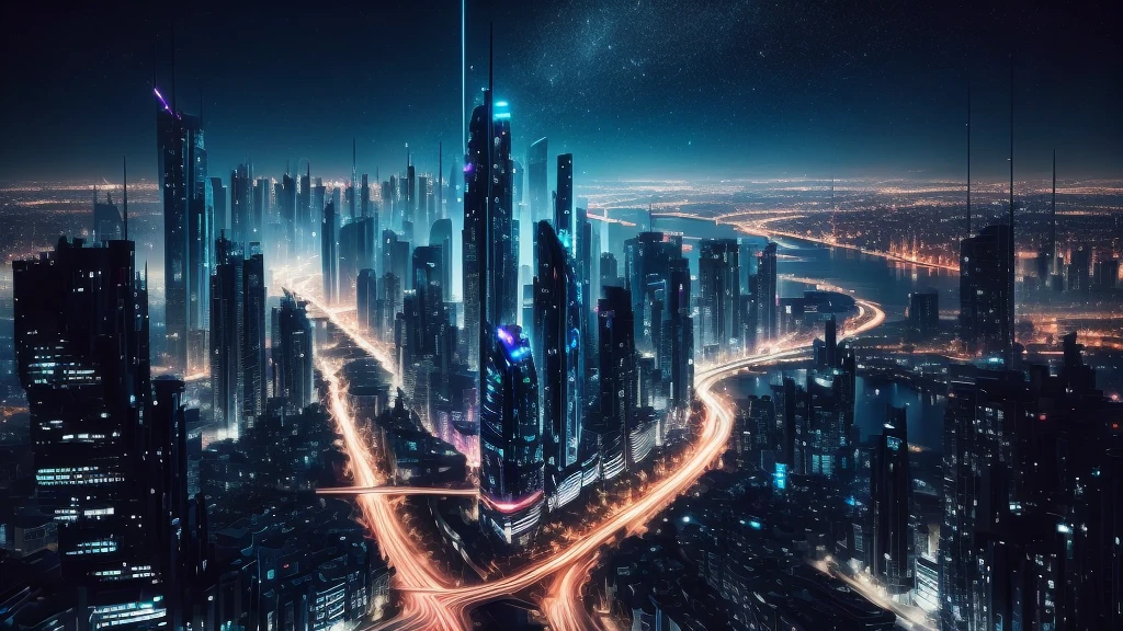 Night city view with river running through it, 8k Matte Paint, 8k matte painting, Future Cityscape, photo of Future Cityscape, otherwordly Future City, Beautiful city of the future, Future City, Future City scape, Neon matte painting like a movie, hyper-Future City, Matte painting 4k 8k, Beeple Style