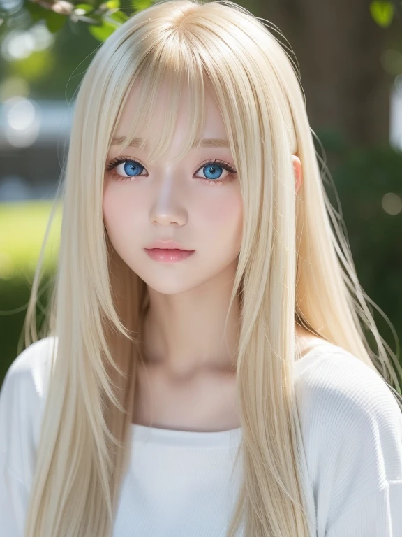 White shiny beautiful skin、Blonde hair color changing with light、Long bangs block the view、Highlights of cheek luster、Sexy and very beautiful nice cute gorgeous face、The most beautiful face in the world、Super Long Gorgeous Spare Blonde Hair、Smooth straight hair、Big, Shining light blue eyes、Beautiful bangs、Beautiful cute girl at 