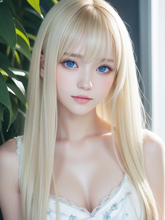 White shiny beautiful skin、Blonde hair color changing with light、Long bangs block the view、Highlights of cheek luster、Sexy and very beautiful nice cute gorgeous face、The most beautiful face in the world、Super Long Gorgeous Spare Blonde Hair、Smooth straight hair、Big, Shining light blue eyes、Beautiful bangs、Beautiful cute girl at 