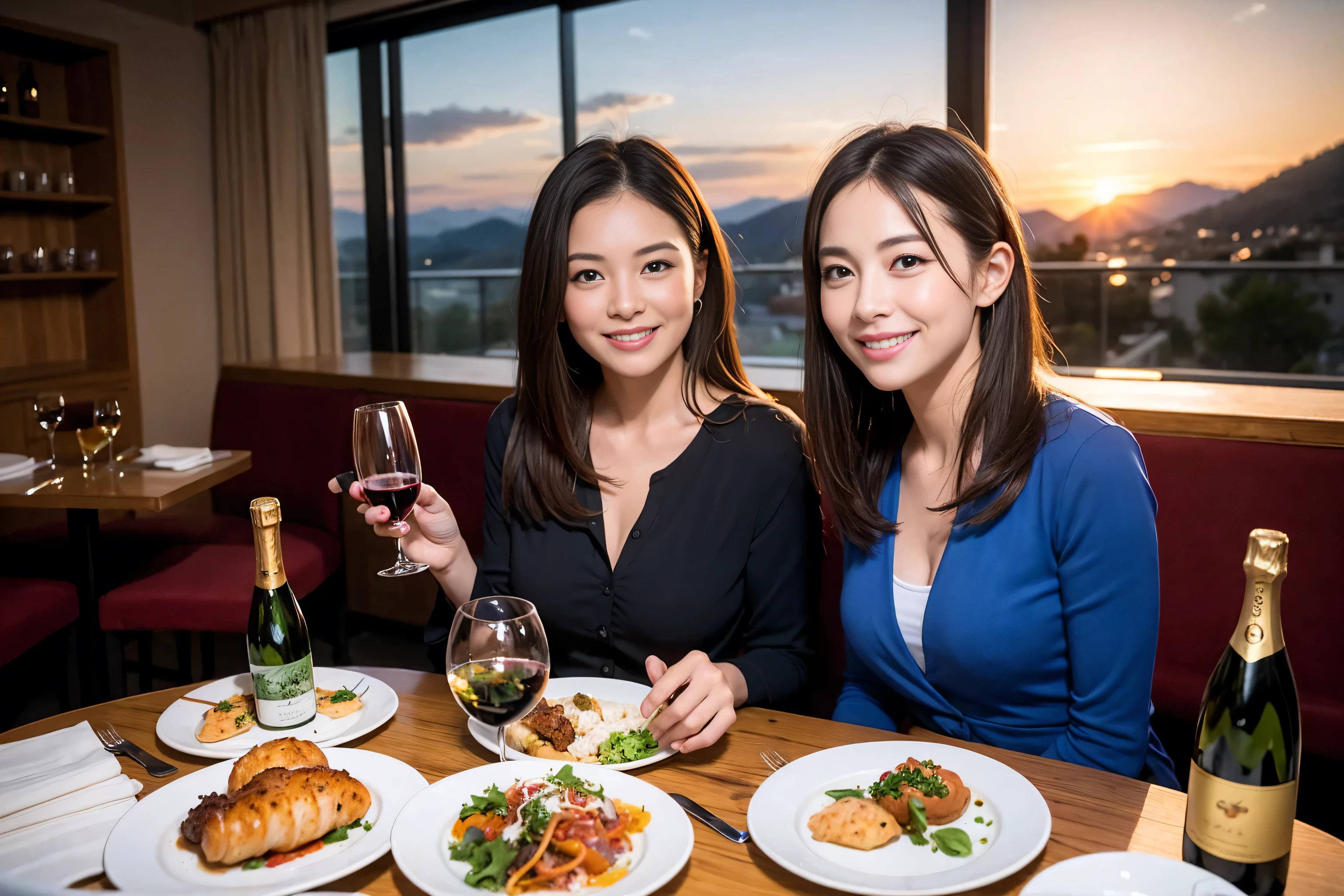 ((highest quality、8k、masterpiece:1.3))、1 male 1 female、Lovers、beautiful couple、Happy Smile、 (Slim face), (The body is スリム), (Brown Hair), (Shortcuts), ((Bob Hale、Straight hair:1.2)), Wine glass on the table、Please put light on my face、 Amazing view of the sunset sky and clouds、Amazing mountain views、The wonderfulness of smiles、Bright image、Blushing, Shortcuts,Bright Face、 (42 years old), 39 years old, red wine 、Appetizers、Italian food、Wine bottle、Champagne、sparkling wine、Long sleeve shirt、dress、Attractive beauty、restaurant, Nova Frog Style, actress, model, Upper Body, White wine, red wine, wine glass,
