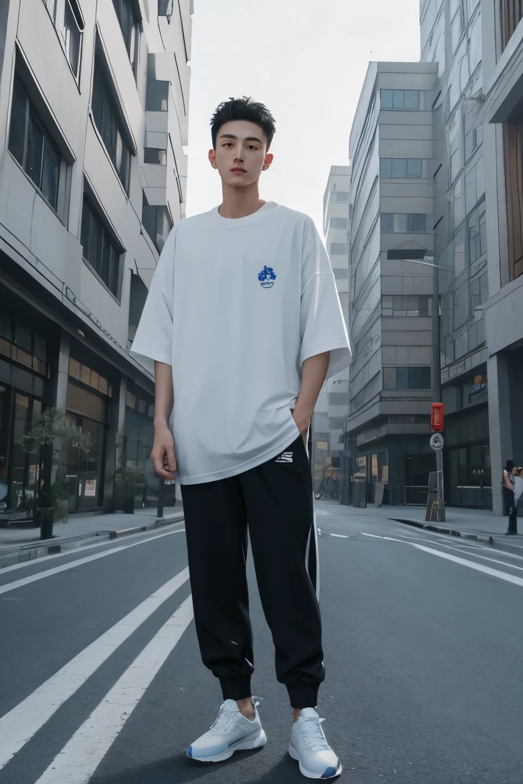 A Beijing young man in a oversize bluelight t shirt and black Jogger trousers stands against a street background, full body, Height is 1 cm, sneaker,  