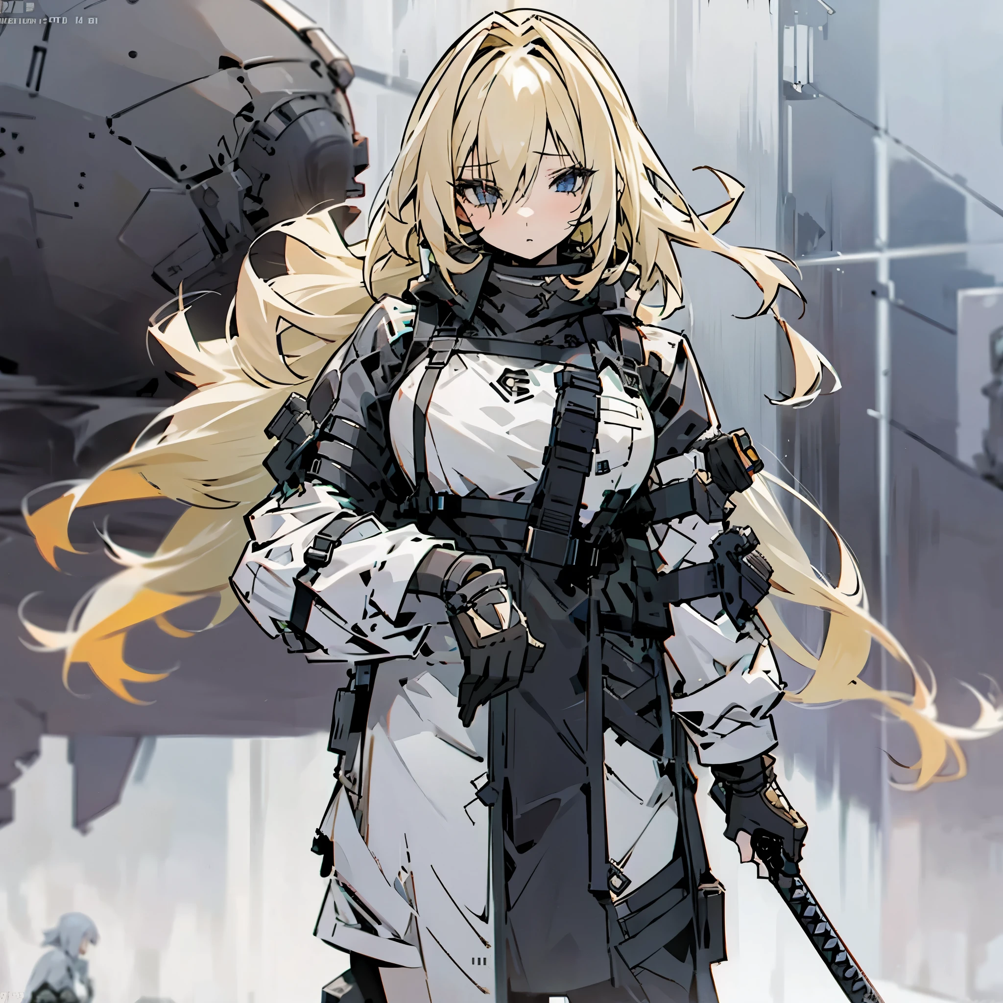 Group of girls one with blonde hair, second with gray hair, and the last third one have ivory hair are holding cyberpunk assault rifles near a military humvee in the wasteland