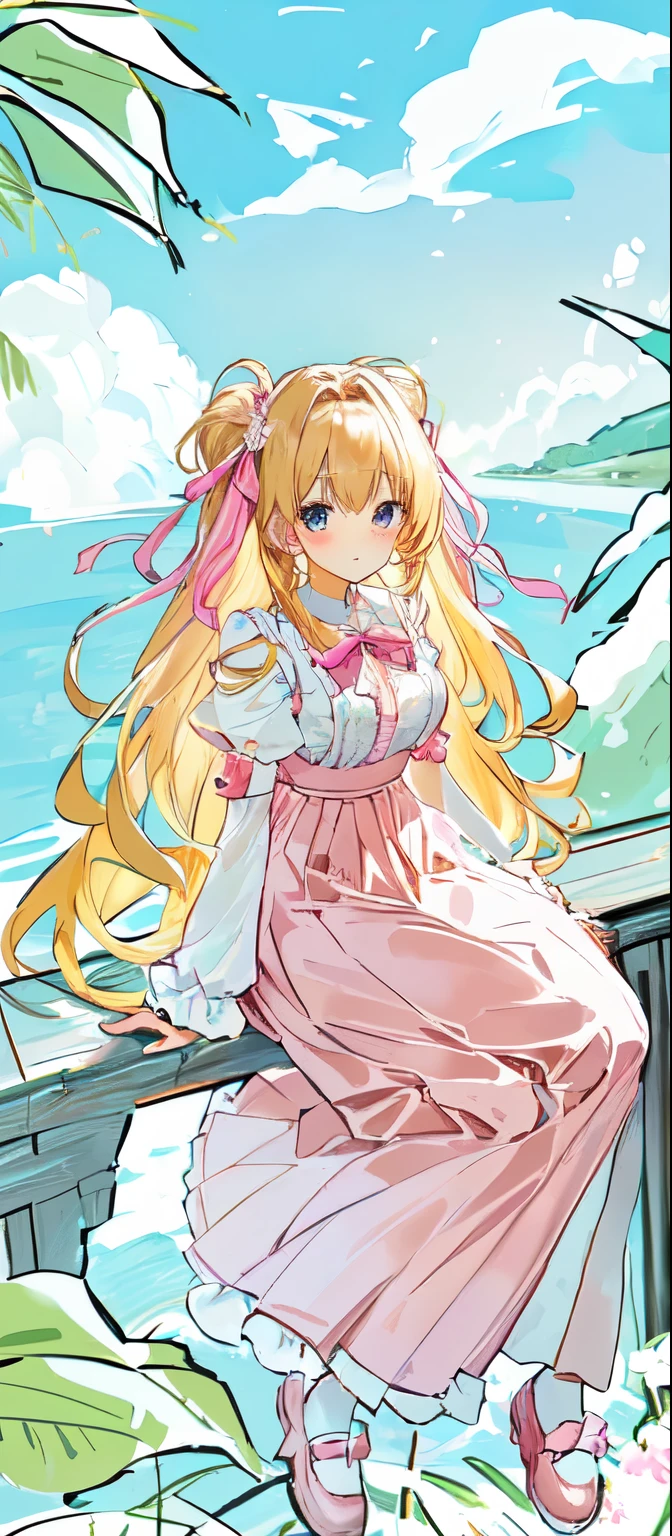 Anime girl in a pink dress sitting on the fence, Lolita in a skirt, whole body:: it&#39;s clear::, Long flowing hair and robes, Kitagawa Marin Fan Art, , Cute anime girl in a beautiful skirt, !!whole body portrait!!,Anime cute art style, long-haired blonde anime girl，summer，seaside，Seagull