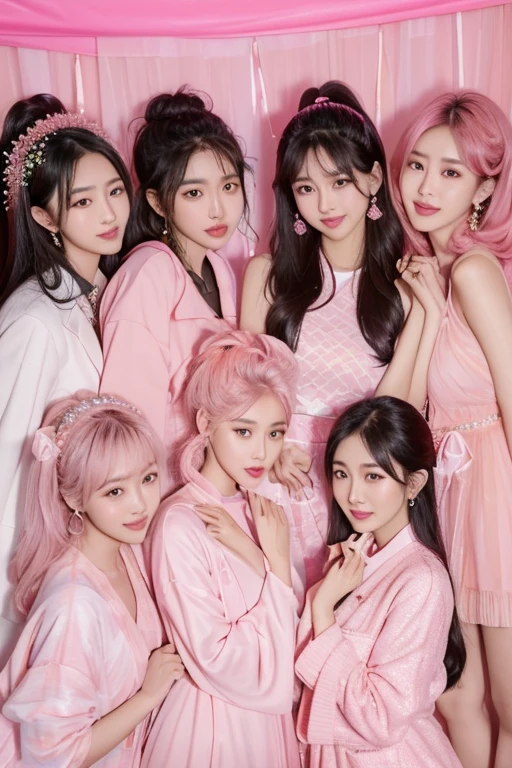 arafed image of a group of asian women posing for a picture, (pink colors), trending at cgstation, pink skin, trending on cgstation, portrait of a pink gang, 1 as february), ulzzang, ((pink)), pink clothes, trending on bbwchan, yanjun chengt, in girls generation, pastel pink skin tone