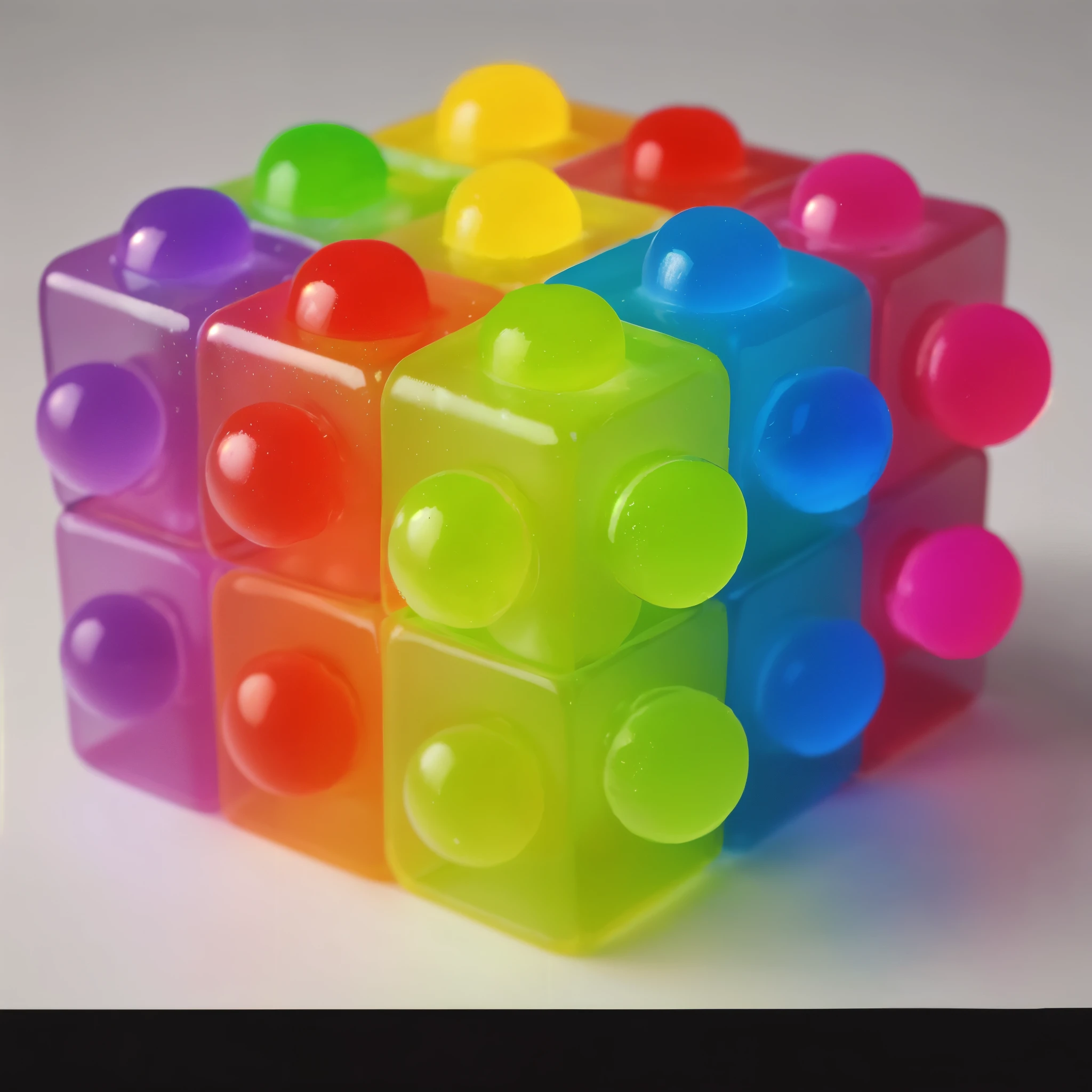jelly rainbow cube with bubbles , demand jelly cube, jelly texture, bright lighting, beautiful lighting, High quality, High Resolution, realistic style, realistic texture, realistic high-quality render,