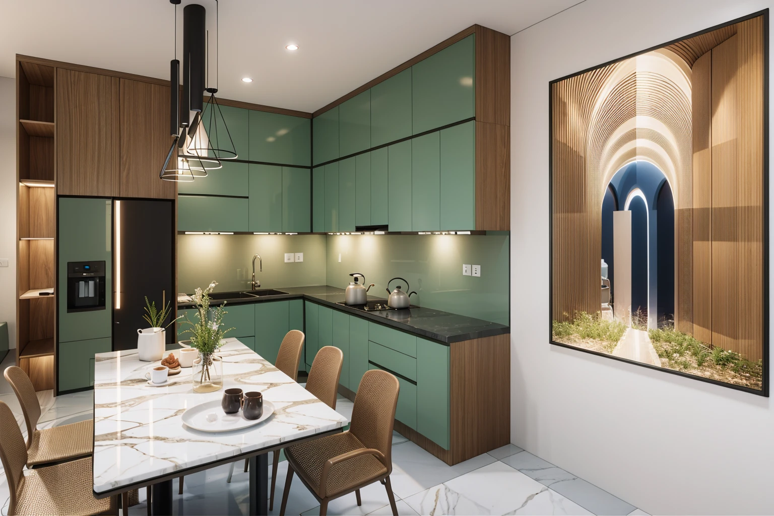 ((Masterpiece,best quality,8k uhd,dslr,soft lighting,high quality,hyper detail,film grain, Fujifilm XT3, UE 5 render 8k, super high resolution, supper detail:1.2,droste effect photography, macro photography, night light, cinematic lighting, interior design, glossy flooR)), KITCHEN, WOOD INTERIOR, STONE, daylight:1.3, white tone,