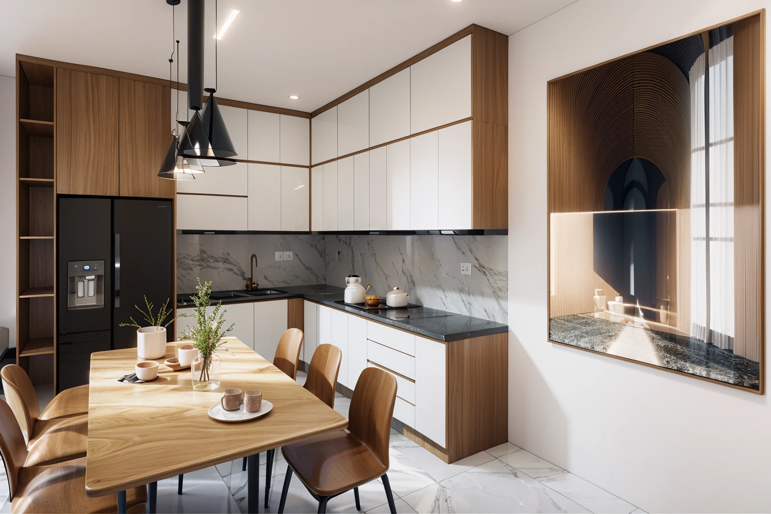 ((Masterpiece,best quality,8k uhd,dslr,soft lighting,high quality,hyper detail,film grain, Fujifilm XT3, UE 5 render 8k, super high resolution, supper detail:1.2,droste effect photography, macro photography, night light, cinematic lighting, interior design, glossy flooR)), KITCHEN, WOOD INTERIOR, STONE, daylight:1.3, white tone,