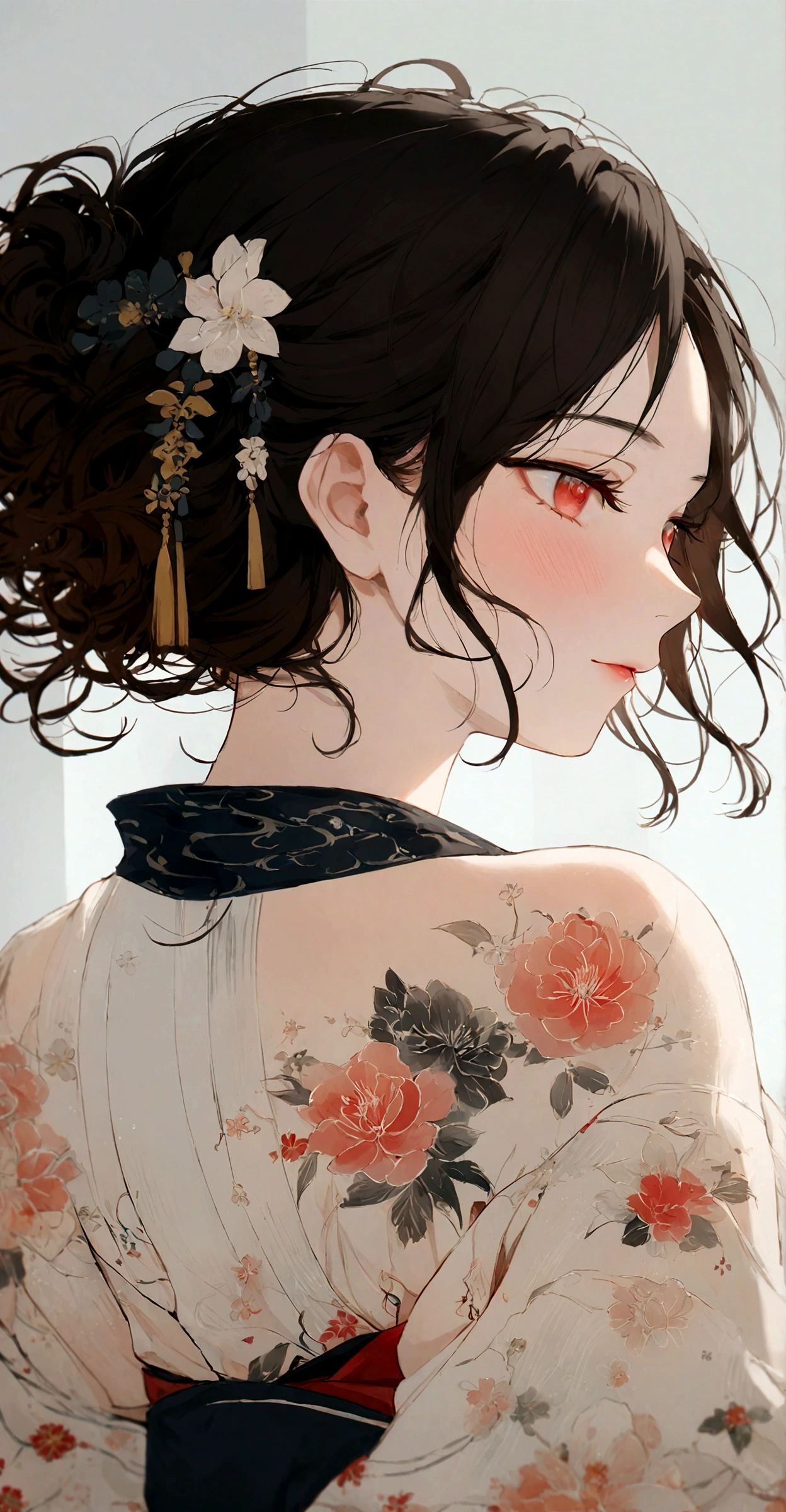 A close-up, evocative portrait of a woman's face wearing a traditional yukata, bathed in the soft glow of a summer night festival. The scene is inspired by traditional Japanese art, with delicate brushstrokes and a focus on light and shadow. Her expression is a blend of joy and tranquility, reflecting the beauty of the moment.  The yukata is a soft, muted blue with subtle floral patterns, and her hair is adorned with simple, elegant accessories. The background is a gentle blur of soft colors, creating a sense of serenity.  Soft focus, dreamy, ethereal, artistic.