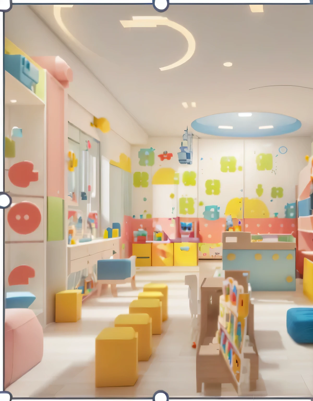 There is a room with lots of toys and a play area, Kawaii HD Rendering, 3D ios room photos, Toy Room, V-Ray, V-Ray, A puzzle room, Rendering in V-Ray, rendered in V-Ray, children's place, 3d illustration, 3d illustration, Candy Ward, Rendering in 3dsmax. The middle of the stool is a toy table with building blocks.