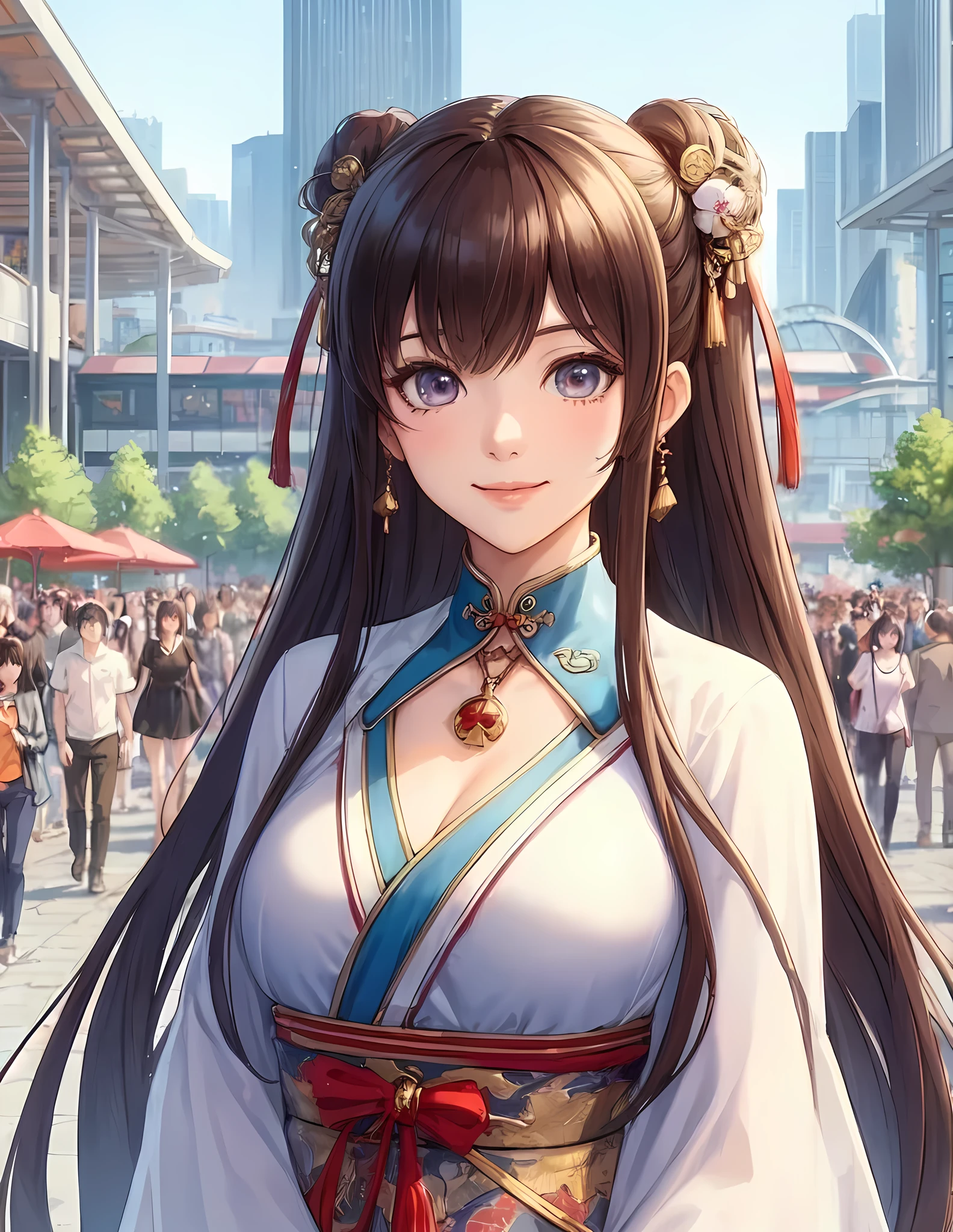 1lady standing, cosplayer, (fantasy anime costume) Chinese, (mature female:0.9), /(brown hair/) bangs, kind smile, (masterpiece best quality:1.2) delicate illustration ultra-detailed, large breasts BREAK (anime-related event) outdoors, (outdoor venue), square, crowded, audience, noon, detailed background