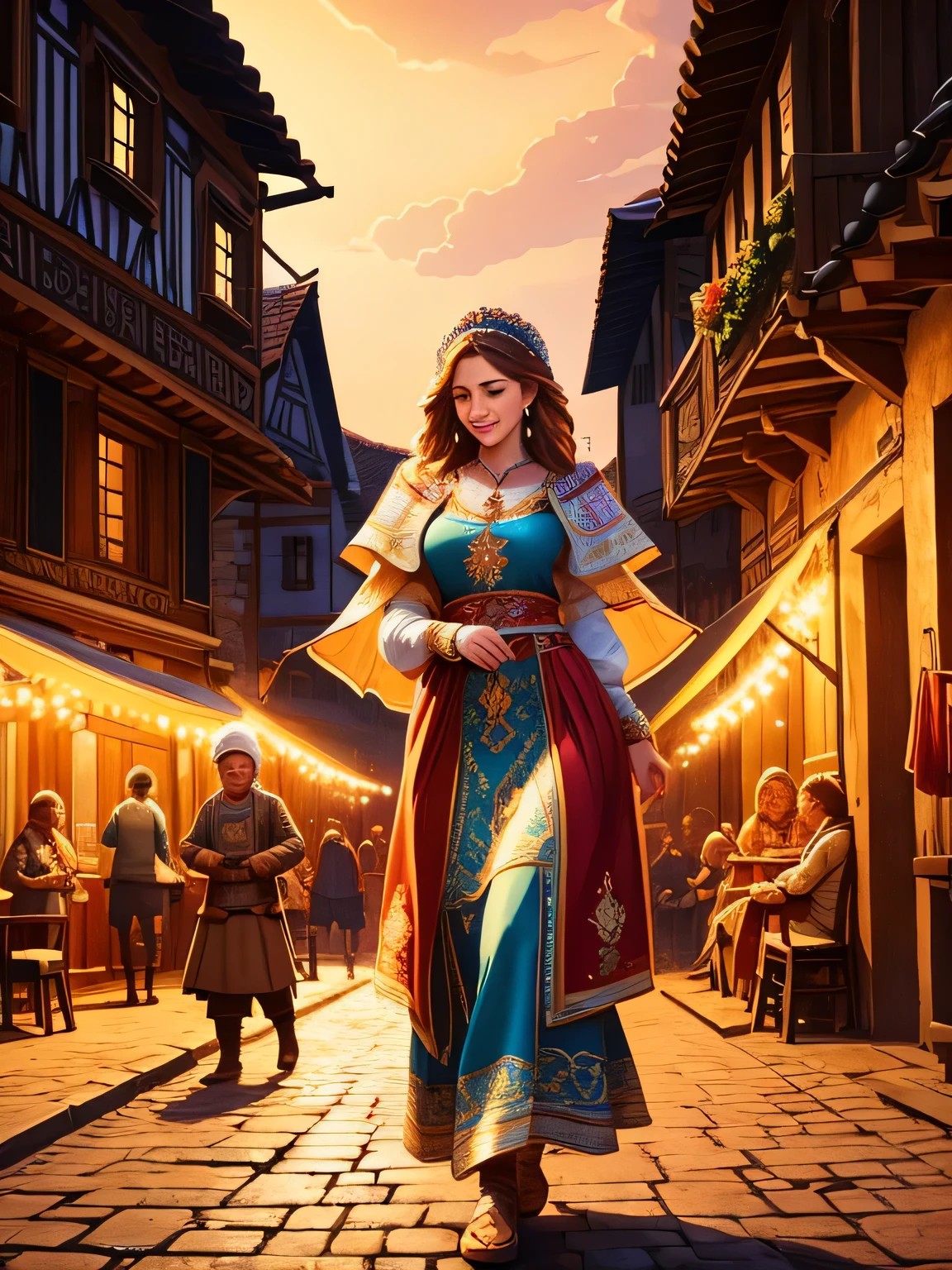Masterpiece, digital illustration, A gorgeous milf in Slavic dress, happy, village, solo, people in background, highly detailed, volumetric lighting, intricately detailed, skimpy, 2D style,