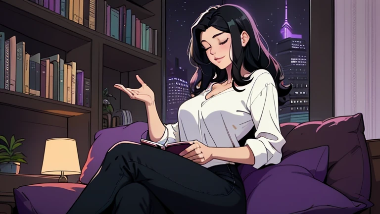 Beautiful woman in her 30s with black hair is sitting on the sofa. Looking down, eyes closed, LOFI girl, alone in the room, V-neck white blouse, cozy wallpaper, big cushion, bookshelf, relaxing mood, night core, cozy, wide glass window with skyscrapers, outside view at night, only five fingers, purple wall,