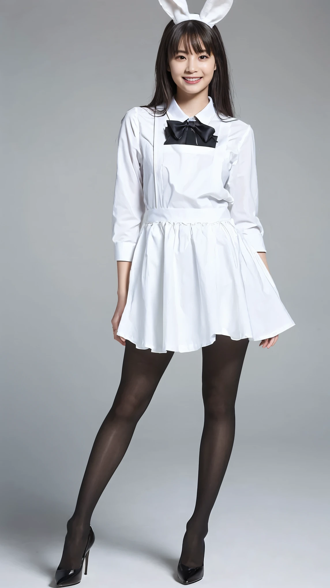 ((masterpiece)),(((Highest quality))),((Character design sheet)),Thin thighs,Long legs,Bunny girl in a light blue maid outfit:1.5,Wearing light blue tights:1.5,The best smile:1.5,Full Body Shot:1.5,Gray background:1.5,Wearing black high heels:1.5,short side waves:1.5,