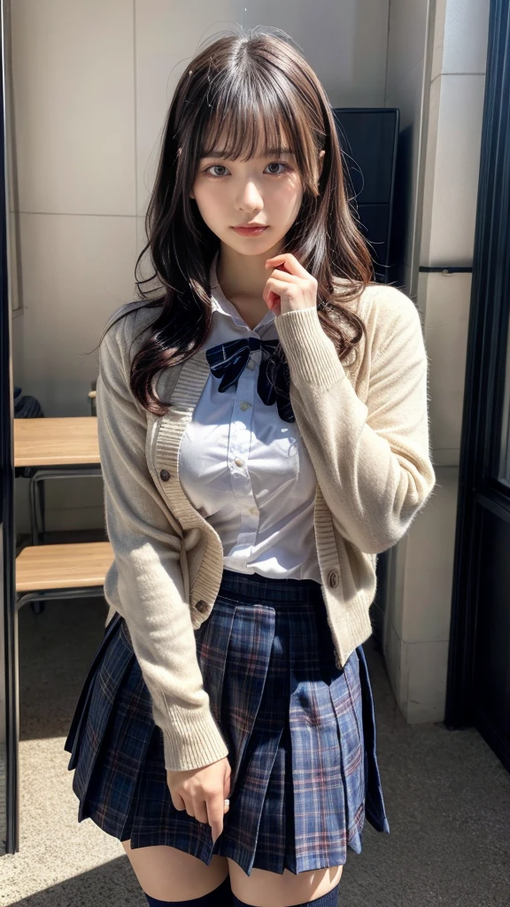 masterpiece, best quality, illustration, Super detailed, fine details, High resolution, 8K,wall paper, perfect dynamic composition,(Details High quality, realistic depiction of eyes:1.3), short hair, (wavy hair:1.2), Layered Cut, High School Classroom、High school girl uniform、Cardigan、Super Short Check Uniform Skirt、Navy blue high socks、garterbelts、Colossal tits、Disturbed uniform、, black hair color, Big Natural Color Lip, bold sexy pose, (perfect body shape), crying a little、cold gaze, Harajuku style、20 year old girl、cute type, beautiful legs, hposing Gravure Idol