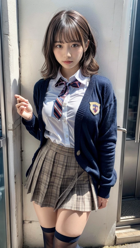 masterpiece, best quality, illustration, Super detailed, fine details, High resolution, 8K,wall paper, perfect dynamic composition,(Details High quality, realistic depiction of eyes:1.3), short hair, (wavy hair:1.2), Layered Cut, High School Classroom、High school girl uniform、Cardigan、Super Short Check Uniform Skirt、Navy blue high socks、garterbelts、Colossal tits、Disturbed uniform、, black hair color, Big Natural Color Lip, bold sexy pose, (perfect body shape), crying a little、cold gaze, Harajuku style、20 year old girl、cute type, beautiful legs, hposing Gravure Idol