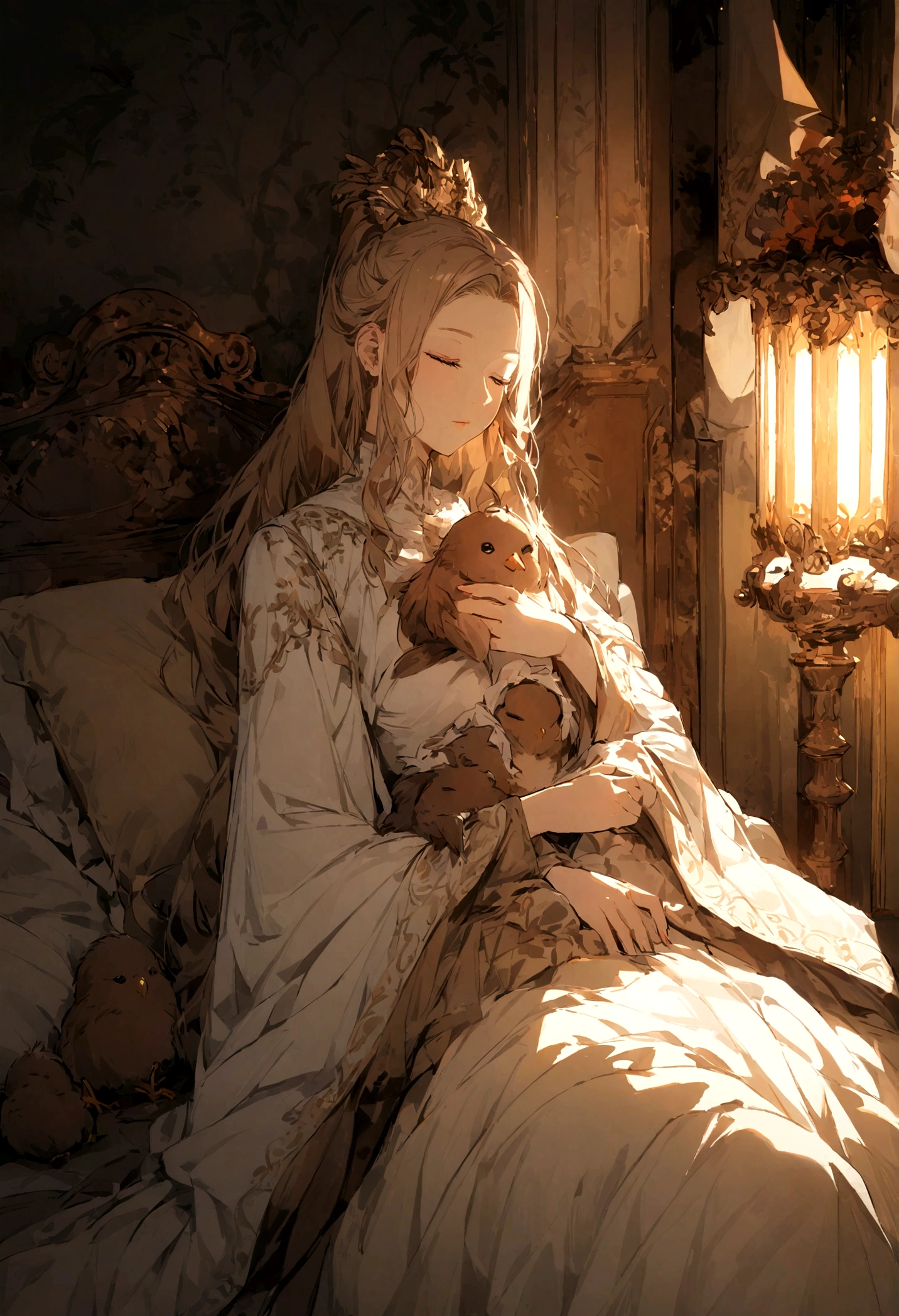 The woman wears Zhuang costume,Next to the bed(A little brown bird is sleeping on the bed)