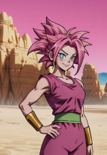 cute anime girl from dragon ball kefla , Genie, Beautiful eyes, pink clothes, tied hair, beautiful smile, steam, Desert in the background