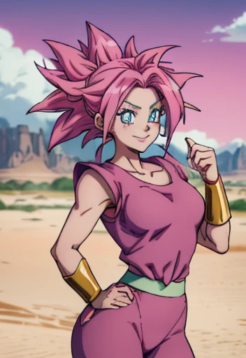 cute anime girl from dragon ball kefla , Genie, Beautiful eyes, pink clothes, tied hair, beautiful smile, steam, Desert in the background