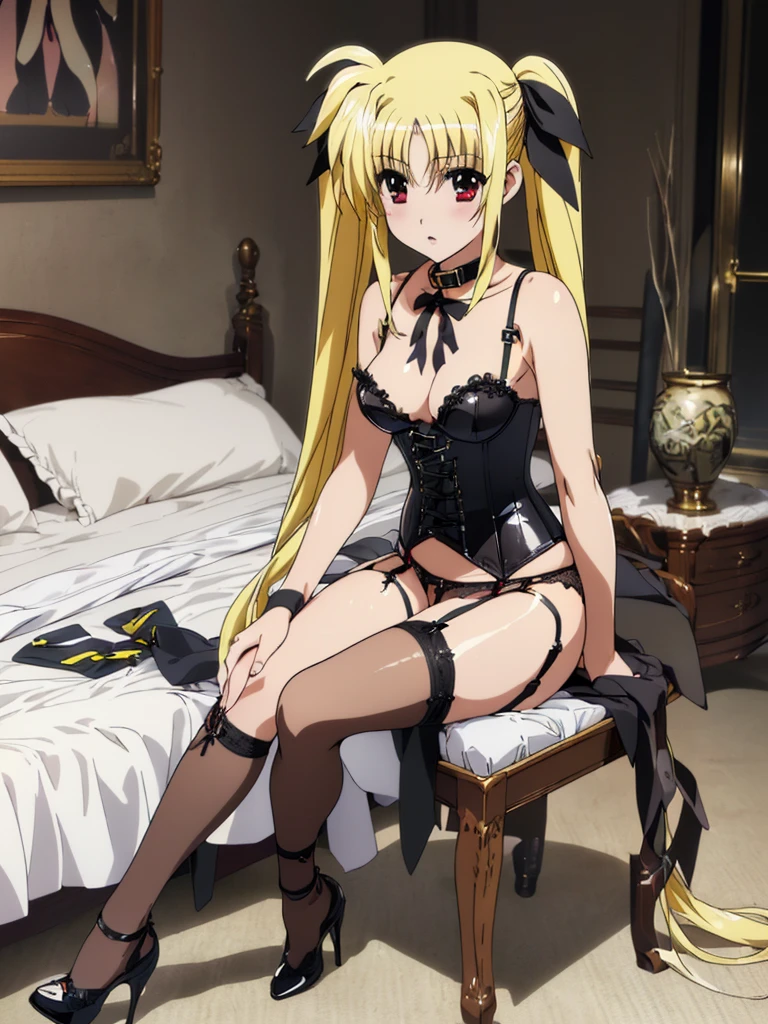 nsfw , Fate Testarossa , lyrical nanoha , (((highres official art))) , (((Anime Pinups))) , (((1girl))) , (((solo))) , (((blondehair))) , (((twintails))) , (((black ribbon))) , (((collar))) , (((bustier girdle corset))) , (((black lingerie))) , (((garter belt))) , (((Black High Heels))) , (((sit on bed))) , (((bedroom)))