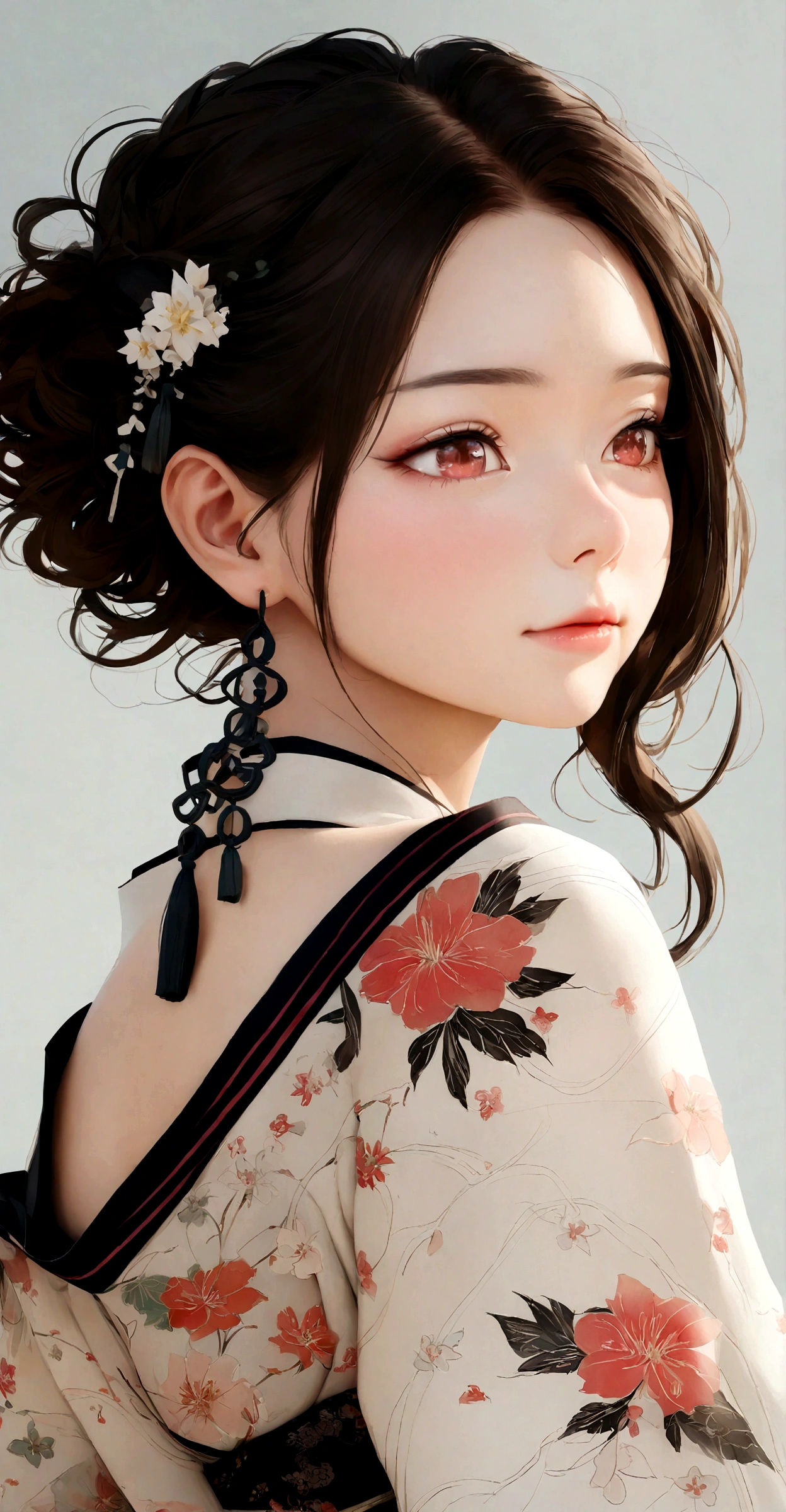 A close-up portrait of a Japanese woman wearing a beautiful yukata, her face illuminated by the warm glow of a summer night festival. Her expression is serene and thoughtful, her eyes reflecting the vibrant atmosphere around her. The yukata is a vibrant blue with intricate floral patterns, and she is adorned with traditional hair accessories. The background is slightly blurred, creating a sense of depth and intimacy. Photorealistic, high-resolution, 8k.