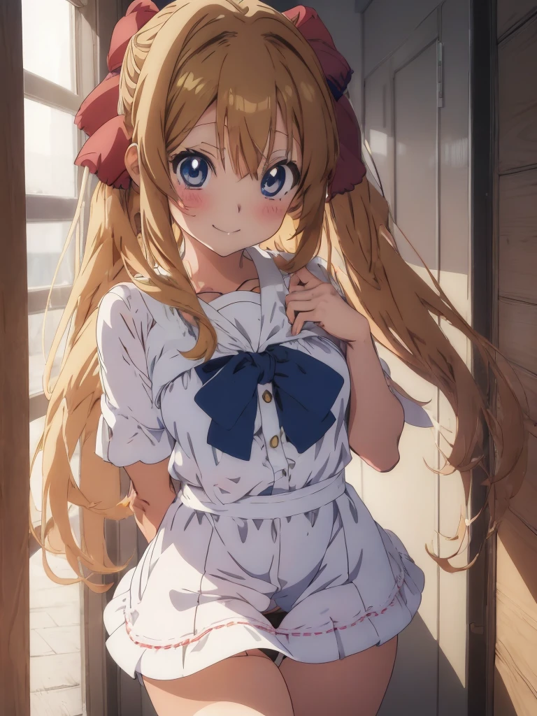 (Anime:1.8), megami magazine, 1girl, idol, cute face, , 12-yo, not safe for work,
standing, Glowing light brownish-yellow with hair, blue pupils, droopy eyes:1.4, big eyes:1.8, long hair, Big hair ribbon, white ruffle shirt, brown vest, brown layered miniskirt, (((no panties))), (((bare twat))), line of the twat, (panties pull, white panties that wrap around the knees:1.1), sweet girl, smile, beautiful fingers, perfect hands,