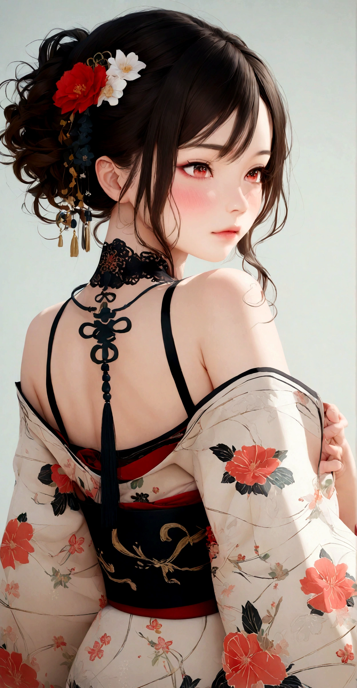 A beautiful Japanese woman with big breasts wearing sexy lingerie.. The lingerie is white and transparent、Decorated with rose floral pattern, Her hairstyle is a short bob. She is sitting in a dressing room chair with her legs spread wide and facing forward..Full body image. Realistic, High resolution, 8k.