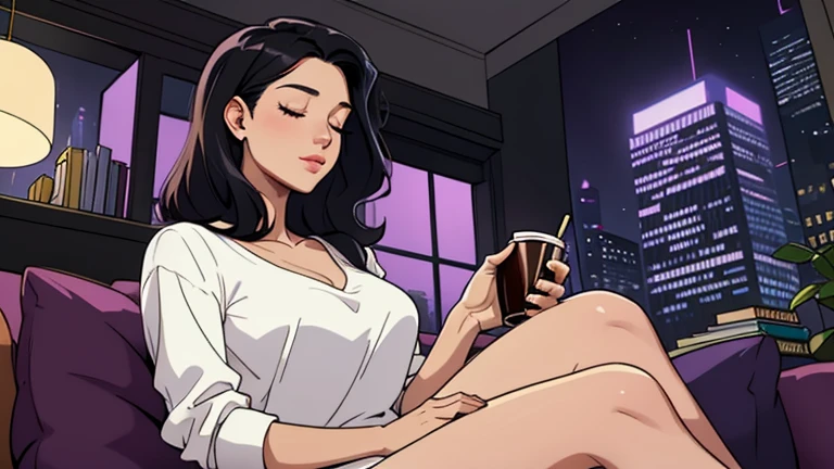 Beautiful woman in her 30s with black hair is sitting on the sofa holding starbucks coffee. Looking down, eyes closed, LOFI girl, alone in the room, V-neck white blouse, cozy wallpaper, big cushion, bookshelf, relaxing mood, night core, cozy, wide glass window with skyscrapers, outside view at night, only five fingers, purple wall,